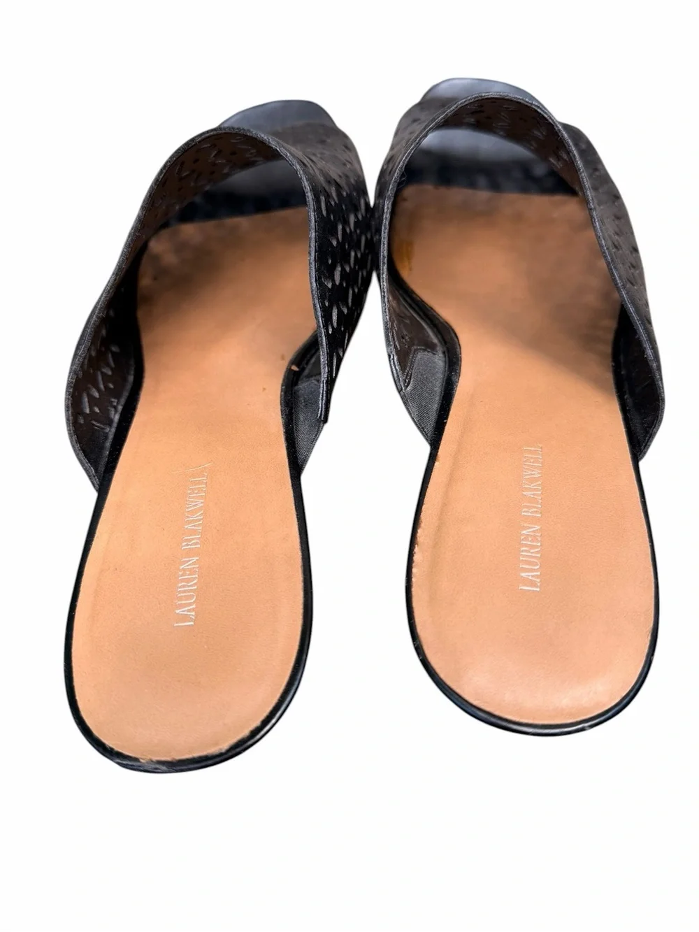 Lauren Blakwell Women’s 11 Black Ilene Perforated Cork Wedge Slide Sandals Boho